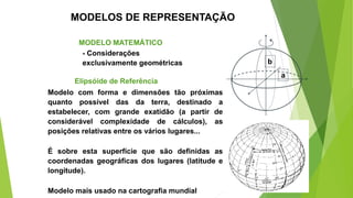 MODELOS DE REPRESENTAÇÃO
MODELO MATEMÁTICO
- Considerações
exclusivamente geométricas
a
b
Elipsóide de Referência
Modelo com forma e dimensões tão próximas
quanto possível das da terra, destinado a
estabelecer, com grande exatidão (a partir de
considerável complexidade de cálculos), as
posições relativas entre os vários lugares...
É sobre esta superfície que são definidas as
coordenadas geográficas dos lugares (latitude e
longitude).
Modelo mais usado na cartografia mundial
 