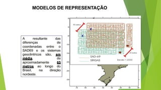 MODELOS DE REPRESENTAÇÃO
- As diferenças entre alguns datums traduzem-se em discrepâncias de algumas
dezenas de metros sobre a superfície do território brasileiro. Essas
discrepâncias são negligenciáveis para projetos que envolvam mapeamentos
em escala pequena, mas são absolutamente preponderantes para escalas
maiores que 1:250.000;
- É fundamental observar a origem dos dados geográficos que está se
trabalhando, para evitar incompatibilidades ao se utilizar um SIG;
- Atenção ao se utilizar dados GPS, pois as coordenadas obtidas estão
originalmente no sistema WGS-84;
- Para alguns autores o termo “Datum” se refere ao conjunto elipsóide + ponto
origem;
Considerações Importantes
 