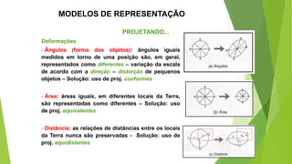 Deformações
- Ângulos (forma dos objetos): ângulos iguais
medidos em torno de uma posição são, em geral,
representados como diferentes – variação da escala
de acordo com a direção – distorção de pequenos
objetos – Solução: uso de proj. conformes
- Área: áreas iguais, em diferentes locais da Terra,
são representadas como diferentes – Solução: uso
de proj. equivalentes
- Distância: as relações de distâncias entre os locais
da Terra nunca são preservadas - Solução: uso de
proj. equidistantes
PROJETANDO...
MODELOS DE REPRESENTAÇÃO
 