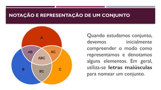 NOTAÇÃO E REPRESENTAÇÃO DE UM CONJUNTO
Quando estudamos conjunto,
devemos inicialmente
compreender o modo como
representamos e denotamos
alguns elementos. Em geral,
utiliza-se letras maiúsculas
para nomear um conjunto.
 