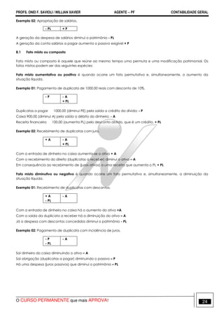 PROFS. ONEI F. SAVIOLI / WILLIAN XAVIER AGENTE − PF CONTABILIDADE GERAL 
Exemplo 02: Apropriação de salários. 
- PL + P 
A geração da despesa de salários diminui o patrimônio - PL 
A geração da conta salários a pagar aumenta o passivo exigível + P 
8.1 Fato misto ou composto 
Fato misto ou composto é aquele que reúne ao mesmo tempo uma permuta e uma modificação patrimonial. Os 
fatos mistos podem ser das seguintes espécies: 
Fato misto aumentativo ou positivo é quando ocorre um fato permutativo e, simultaneamente, o aumento da 
situação líquida. 
Exemplo 01: Pagamento de duplicata de 1000,00 reais com desconto de 10%. 
- P - A 
+ PL 
Duplicatas a pagar 1000,00 (diminui PE) pela saída a crédito da dívida; - P 
Caixa 900,00 (diminui A) pela saída a débito do dinheiro; - A 
Receita financeira 100,00 (aumenta PL) pelo desconto obtido, que é um crédito. + PL 
Exemplo 02: Recebimento de duplicatas com juro. 
+ A - A 
+ PL 
Com a entrada de dinheiro no caixa aumenta-se o ativo + A 
Com o recebimento do direito (duplicatas a receber) diminui o ativo – A 
Em consequência ao recebimento de (juros ativos) a uma receita que aumenta o PL + PL 
Fato misto diminutivo ou negativo é quando ocorre um fato permutativo e, simultaneamente, a diminuição da 
situação líquida. 
Exemplo 01: Recebimento de duplicatas com descontos. 
+ A 
- PL 
- A 
Com a entrada de dinheiro no caixa há o aumento do ativo +A 
Com a saída da duplicata a receber há a diminuição do ativo – A 
Já a despesa com descontos concedidos diminui o patrimônio - PL 
Exemplo 02: Pagamento de duplicata com incidência de juros. 
- P 
- PL 
- A 
Sai dinheiro do caixa diminuindo o ativo – A 
Sai obrigação (duplicatas a pagar) diminuindo o passivo – P 
Há uma despesa (juros passivos) que diminui o patrimônio – PL 
O CURSO PERMANENTE que mais APROVA! 24 
 
