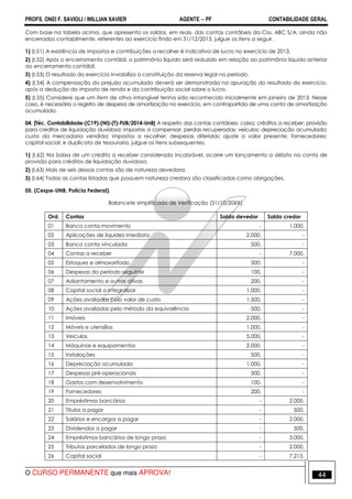 PROFS. ONEI F. SAVIOLI / WILLIAN XAVIER AGENTE − PF CONTABILIDADE GERAL 
Com base na tabela acima, que apresenta os saldos, em reais, das contas contábeis da Cia. ABC S/A, ainda não 
encerrados contabilmente, referentes ao exercício findo em 31/12/2013, julgue os itens a seguir. 
1) (I.51) A existência de impostos e contribuições a recolher é indicativa de lucro no exercício de 2013. 
2) (I.52) Após o encerramento contábil, o patrimônio líquido será reduzido em relação ao patrimônio líquido anterior 
ao encerramento contábil. 
3) (I.53) O resultado do exercício inviabiliza a constituição da reserva legal no período. 
4) (I.54) A compensação do prejuízo acumulado deverá ser demonstrada na apuração do resultado do exercício, 
após a dedução do imposto de renda e da contribuição social sobre o lucro. 
5) (I.55) Considere que um item de ativo intangível tenha sido reconhecido inicialmente em janeiro de 2013. Nesse 
caso, é necessário o registro de despesa de amortização no exercício, em contrapartida de uma conta de amortização 
acumulada. 
04. [Téc. Contabilidade-(C19)-(NI)-(T)-FUB/2014-UnB] A respeito das contas contábeis: caixa; créditos a receber; provisão 
para créditos de liquidação duvidosa; impostos a compensar; perdas recuperadas; veículos; depreciação acumulada; 
custo da mercadoria vendida; impostos a recolher; despesas diferidas; ajuste a valor presente; fornecedores; 
capital social; e duplicata de tesouraria, julgue os itens subsequentes. 
1) (I.62) Na baixa de um crédito a receber considerado incobrável, ocorre um lançamento a débito na conta de 
provisão para créditos de liquidação duvidosa. 
2) (I.63) Mais de seis dessas contas são de natureza devedora. 
3) (I.64) Todas as contas listadas que possuem natureza credora são classificadas como obrigações. 
05. (Cespe-UNB, Polícia Federal). 
Balancete simplificado de Verificação (31/12/20XX). 
Ord. Contas Saldo devedor Saldo credor 
01 Banco conta movimento - 1.000, 
02 Aplicações de liquidez imediata 2.000, - 
03 Banco conta vinculada 500, - 
04 Contas a receber - 7.000, 
05 Estoques e almoxarifado 500, - 
06 Despesas do período seguinte 100, - 
07 Adiantamento e outras ativas 200, - 
08 Capital social a integralizar 1.000, - 
09 Ações avaliadas pelo valor de custo 1.500, - 
10 Ações avaliadas pelo método da equivalência 500, - 
11 Imóveis 2.000, - 
12 Móveis e utensílios 1.000, - 
13 Veículos 5.000, - 
14 Máquinas e equipamentos 2.000, - 
15 Instalações 500, - 
16 Depreciação acumulada 1.000, - 
17 Despesas pré-operacionais 500, - 
18 Gastos com desenvolvimento 100, - 
19 Fornecedores 200, - 
20 Empréstimos bancários - 2.000, 
21 Títulos a pagar - 500, 
22 Salários e encargos a pagar - 2.000, 
23 Dividendos a pagar - 500, 
24 Empréstimos bancários de longo prazo - 3.000, 
25 Tributos parcelados de longo prazo - 2.000, 
26 Capital social - 7.215, 
O CURSO PERMANENTE que mais APROVA! 44 
 