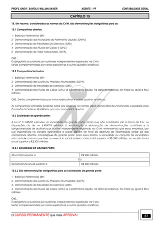 PROFS. ONEI F. SAVIOLI / WILLIAN XAVIER AGENTE − PF CONTABILIDADE GERAL 
CAPÍTULO 15 
15. Em resumo, consideradas as normas da CVM, são demonstrações obrigatórias para as: 
15.1 Companhias abertas: 
1 - Balanço Patrimonial; (BP) 
2 - Demonstração das Mutações do Patrimônio Líquido; (DMPL) 
3 - Demonstração do Resultado Do Exercício; (DRE) 
4 - Demonstração dos Fluxos de Caixa; e (DFC) 
5 - Demonstração do Valor Adicionado. (DVA) 
OBS.: 
É obrigatória a auditoria por auditores independentes registrados na CVM; 
Serão complementadas por notas explicativas e outros quadros analíticos. 
15.2 Companhias fechadas: 
1 - Balanço Patrimonial; (BP) 
2 - Demonstração dos Lucros ou Prejuízos Acumulados; (DLPA) 
3 - Demonstração do Resultado do Exercício; (DRE) 
4 - Demonstração dos Fluxos de Caixa, (DFC) se o patrimônio liquido, na data do balanço, for maior ou igual a R$ 2 
milhões. 
OBS.: Serão complementadas por notas explicativas e outros quadros analíticos. 
As companhias fechadas poderão optar por observar as normas sobre demonstrações financeiras expedidas pela 
Comissão de Valores Mobiliários para as companhias abertas. 
15.3 Sociedade de grande porte: 
A Lei nº 11.638/07 estendeu às sociedades de grande porte, ainda que não constituída sob a forma de S.A., as 
disposições da Lei no 6.404176 relativas à escrituração e elaboração de demonstrações contábeis e à 
obrigatoriedade de auditoria por auditor independente registrado na CVM, entendendo que essas empresas, por 
sua importância no cenário econômico e social, devem ter nível de abertura de informações similar ao das 
companhias abertas. Considera-se de grande porte, para esses efeitos, a sociedade ou conjunto de sociedades 
sob controle comum que tiver no exercício social anterior: ativo total superior a R$ 240 milhões, ou receita bruta 
anual superior a R$ 300 milhões. 
15.3.1 SOCIEDADE DE GRANDE PORTE 
Ativo total superior a R$ 240 milhões 
OU 
Receita bruta anual superior a R$ 300 milhões. 
15.3.2 São demonstrações obrigatórias para as Sociedades de grande porte: 
1 - Balanço Patrimonial; (BP) 
2 - Demonstração dos Lucros ou Prejuízos Acumulados; (DLPA) 
3 - Demonstração do Resultado do Exercício; (DRE) 
4 - Demonstração dos Fluxos de Caixa, (DFC) se o patrimônio liquido, na data do balanço, for maior ou igual a R$ 2 
milhões. 
OBS.: 
É obrigatória a auditoria por auditores independentes registrados na CVM; 
Serão complementadas por notas explicativas e outros quadros analíticos. 
O CURSO PERMANENTE que mais APROVA! 87 
 