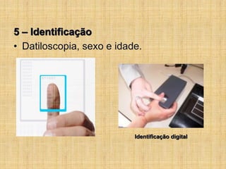 5 – Identificação
• Datiloscopia, sexo e idade.
Identificação digital
 