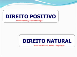 DIREITO POSITIVO DIREITO NATURAL Idéia abstrata do direito - inspiração Ordenamento jurídico em vigor 