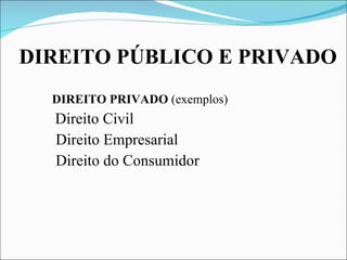 DIREITO PÚBLICO E PRIVADO DIREITO PRIVADO  (exemplos) Direito Civil Direito Empresarial Direito do Consumidor  