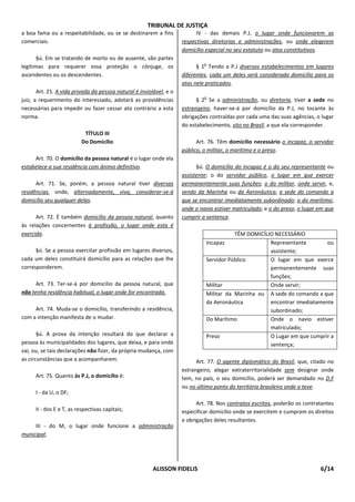 TRIBUNAL DE JUSTIÇA
a boa fama ou a respeitabilidade, ou se se destinarem a fins              IV - das demais P.J, o lugar onde funcionarem as
comerciais.                                                          respectivas diretorias e administrações, ou onde elegerem
                                                                     domicílio especial no seu estatuto ou atos constitutivos.
       §ú. Em se tratando de morto ou de ausente, são partes
                                                                              o
legítimas para requerer essa proteção o cônjuge, os                        § 1 Tendo a P.J diversos estabelecimentos em lugares
ascendentes ou os descendentes.                                      diferentes, cada um deles será considerado domicílio para os
                                                                     atos nele praticados.
       Art. 21. A vida privada da pessoa natural é inviolável, e o
                                                                              o
juiz, a requerimento do interessado, adotará as providências               § 2 Se a administração, ou diretoria, tiver a sede no
necessárias para impedir ou fazer cessar ato contrário a esta        estrangeiro, haver-se-á por domicílio da P.J, no tocante às
norma.                                                               obrigações contraídas por cada uma das suas agências, o lugar
                                                                     do estabelecimento, sito no Brasil, a que ela corresponder.
                            TÍTULO III
                           Do Domicílio                                    Art. 76. Têm domicílio necessário o incapaz, o servidor
                                                                     público, o militar, o marítimo e o preso.
     Art. 70. O domicílio da pessoa natural é o lugar onde ela
estabelece a sua residência com ânimo definitivo.                          §ú. O domicílio do incapaz é o do seu representante ou
                                                                     assistente; o do servidor público, o lugar em que exercer
      Art. 71. Se, porém, a pessoa natural tiver diversas            permanentemente suas funções; o do militar, onde servir, e,
residências, onde, alternadamente, viva, considerar-se-á             sendo da Marinha ou da Aeronáutica, a sede do comando a
domicílio seu qualquer delas.                                        que se encontrar imediatamente subordinado; o do marítimo,
                                                                     onde o navio estiver matriculado; e o do preso, o lugar em que
      Art. 72. É também domicílio da pessoa natural, quanto          cumprir a sentença.
às relações concernentes à profissão, o lugar onde esta é
exercida.                                                                                TÊM DOMICÍLIO NECESSÁRIO
                                                                              Incapaz                Representante        ou
      §ú. Se a pessoa exercitar profissão em lugares diversos,                                       assistente;
cada um deles constituirá domicílio para as relações que lhe                  Servidor Público       O lugar em que exerce
corresponderem.                                                                                      permanentemente suas
                                                                                                     funções;
      Art. 73. Ter-se-á por domicílio da pessoa natural, que                  Militar                Onde servir;
não tenha residência habitual, o lugar onde for encontrada.                   Militar da Marinha ou A sede do comando a que
                                                                              da Aeronáutica         encontrar imediatamente
     Art. 74. Muda-se o domicílio, transferindo a residência,                                        subordinado;
com a intenção manifesta de o mudar.                                          Do Marítimo            Onde o navio estiver
                                                                                                     matriculado;
       §ú. A prova da intenção resultará do que declarar a                    Preso                  O Lugar em que cumprir a
pessoa às municipalidades dos lugares, que deixa, e para onde                                        sentença;
vai, ou, se tais declarações não fizer, da própria mudança, com
as circunstâncias que a acompanharem.                                      Art. 77. O agente diplomático do Brasil, que, citado no
                                                                     estrangeiro, alegar extraterritorialidade sem designar onde
      Art. 75. Quanto às P.J, o domicílio é:                         tem, no país, o seu domicílio, poderá ser demandado no D.F
                                                                     ou no último ponto do território brasileiro onde o teve.
      I - da U, o DF;
                                                                           Art. 78. Nos contratos escritos, poderão os contratantes
      II - dos E e T, as respectivas capitais;                       especificar domicílio onde se exercitem e cumpram os direitos
                                                                     e obrigações deles resultantes.
     III - do M, o lugar onde funcione a administração
municipal;




                                                         ALISSON FIDELIS                                                     6/14
 