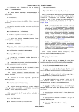 TRIBUNAL DE JUSTIÇA - CONSTITUCIONAL
     III - requisições civis e militares, em caso de iminente          XXV - registros públicos;
perigo e em tempo de guerra;
                                                                       XXVI - atividades nucleares de qualquer natureza;
     IV - águas, energia, informática, telecomunicações e
radiodifusão;                                                           XXVII – normas gerais de licitação e contratação, em todas
                                                                   as modalidades, para as administrações públicas diretas,
    V - serviço postal;                                            autárquicas e fundacionais da U/E/DF/M, obedecido o
                                                                   disposto no art. 37, XXI, e para as empresas públicas e
    VI - sistema monetário e de medidas, títulos e garantias       sociedades de economia mista, nos termos do art. 173, § 1°,
dos metais;                                                        III; REC 19/98

     VII - política de crédito, câmbio, seguros e transferência             Art. 37. A administração pública direta e indireta de qualquer dos
                                                                            Poderes da U/E/ D.F/M obedecerá aos princípios de legalidade,
de valores;                                                                 impessoalidade, moralidade, publicidade e eficiência e, também,
                                                                            ao seguinte: XXI - ressalvados os casos especificados na legislação,
    VIII - comércio exterior e interestadual;                               as obras, serviços, compras e alienações [caso] serão contratados
                                                                            mediante processo de licitação pública que assegure igualdade de
                                                                            condições a todos os concorrentes, com cláusulas que estabeleçam
    IX - diretrizes da política nacional de transportes;                    obrigações de pagamento, mantidas as condições efetivas da
                                                                            proposta, nos termos da lei, o qual somente permitirá as exigências
                                                                            de qualificação técnica e econômica indispensáveis à garantia do
     X - regime dos portos, navegação lacustre, fluvial,                    cumprimento das obrigações. (Regulamento)
marítima, aérea e aeroespacial;
                                                                            Art. 173. § 1º A lei estabelecerá o estatuto jurídico da empresa
    XI - trânsito e transporte;                                             pública, da sociedade de economia mista e de suas subsidiárias
                                                                            que explorem atividade econômica de produção ou comercialização
                                                                            de bens ou de prestação de serviços, dispondo sobre: REC 19/98 III -
    XII - jazidas, minas, outros recursos minerais e metalurgia;            licitação e contratação de obras, serviços, compras e alienações,
                                                                            observados os princípios da administração pública;
    XIII - nacionalidade, cidadania e naturalização;
                                                                     XXVIII - defesa territorial, defesa aeroespacial, defesa
    XIV - populações indígenas;                                    marítima, defesa civil e mobilização nacional;

     XV - emigração e imigração, entrada, extradição e               XXIX - propaganda comercial.
expulsão de estrangeiros;
                                                                        §Ú. LC poderá autorizar os Estados a legislar sobre
    XVI - organização do sistema nacional de emprego e             questões específicas das matérias relacionadas neste artigo.
condições para o exercício de profissões;
                                                                       Art. 23. É competência comum da U/E/DF/M:
   XVII - organização judiciária, do MP e da DP do DF/T, bem
como organização administrativa destes;                                  I - zelar pela guarda da Constituição, das leis e das
                                                                   instituições democráticas e conservar o patrimônio público;
     XVIII - sistema estatístico, sistema cartográfico e de
geologia nacionais;                                                    II - cuidar da saúde e assistência pública, da proteção e
                                                                   garantia das pessoas portadoras de deficiência;
    XIX - sistemas de poupança, captação e garantia da
poupança popular;                                                       III - proteger os documentos, as obras e outros bens de
                                                                   valor histórico, artístico e cultural, os monumentos, as
    XX - sistemas de consórcios e sorteios;                        paisagens naturais notáveis e os sítios arqueológicos;

      XXI - normas gerais de organização, efetivos, material           IV - impedir a evasão, a destruição e a descaracterização
bélico, garantias, convocação e mobilização das polícias           de obras de arte e de outros bens de valor histórico, artístico
militares e corpos de bombeiros militares;                         ou cultural;

     XXII - competência da PF e das polícias rodoviária e               V - proporcionar os meios de acesso à cultura, à educação
ferroviária federais;                                              e à ciência;

    XXIII - seguridade social;                                         VI - proteger o meio ambiente e combater a poluição em
                                                                   qualquer de suas formas;
    XXIV - diretrizes e bases da educação nacional;
                                                                       VII - preservar as florestas, a fauna e a flora;

                                                           ISRAEL BARBOSA                                                               14/40
 