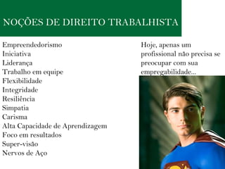 NOÇÕES DE DIREITO TRABALHISTA Empreendedorismo Iniciativa Liderança Trabalho em equipe Flexibilidade Integridade  Resiliência Simpatia Carisma Alta Capacidade de Aprendizagem Foco em resultados Super-visão  Nervos de Aço  Hoje, apenas um profissional não precisa se preocupar com sua empregabilidade... 