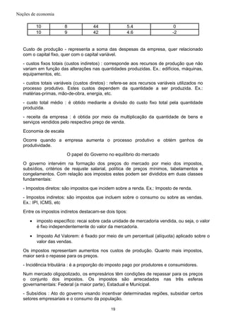 Noções de economia
10 8 44 5.4 0
10 9 42 4.6 -2
Custo de produção - representa a soma das despesas da empresa, quer relacionado
com o capital fixo, quer com o capital variável.
- custos fixos totais (custos indiretos) : corresponde aos recursos de produção que não
variam em função das alterações nas quantidades produzidas. Ex.: edifícios, máquinas,
equipamentos, etc.
- custos totais variáveis (custos diretos) : refere-se aos recursos variáveis utilizados no
processo produtivo. Estes custos dependem da quantidade a ser produzida. Ex.:
matérias-primas, mão-de-obra, energia, etc.
- custo total médio : é obtido mediante a divisão do custo fixo total pela quantidade
produzida.
- receita da empresa : é obtida por meio da multiplicação da quantidade de bens e
serviços vendidos pelo respectivo preço de venda.
Economia de escala
Ocorre quando a empresa aumenta o processo produtivo e obtém ganhos de
produtividade.
O papel do Governo no equilíbrio do mercado
O governo intervém na formação dos preços do mercado por meio dos impostos,
subsídios, critérios de reajuste salarial, política de preços mínimos, tabelamentos e
congelamentos. Com relação aos impostos estes podem ser divididos em duas classes
fundamentais:
- Impostos diretos: são impostos que incidem sobre a renda. Ex.: Imposto de renda.
- Impostos indiretos: são impostos que incluem sobre o consumo ou sobre as vendas.
Ex.: IPI, ICMS, etc
Entre os impostos indiretos destacam-se dois tipos:
• imposto específico: recai sobre cada unidade de mercadoria vendida, ou seja, o valor
é fixo independentemente do valor da mercadoria.
• Imposto Ad Valorem: é fixado por meio de um percentual (alíquota) aplicado sobre o
valor das vendas.
Os impostos representam aumentos nos custos de produção. Quanto mais impostos,
maior será o repasse para os preços.
- Incidência tributária : é a proporção do imposto pago por produtores e consumidores.
Num mercado oligopolizado, os empresários têm condições de repassar para os preços
o conjunto dos impostos. Os impostos são arrecadados nas três esferas
governamentais: Federal (a maior parte), Estadual e Municipal.
- Subsídios : Ato do governo visando incentivar determinadas regiões, subsidiar certos
setores empresariais e o consumo da população.
19
 
