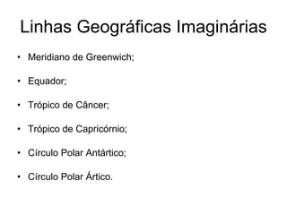 Linhas Geográficas Imaginárias Meridiano de Greenwich; Equador; Trópico de Câncer; Trópico de Capricórnio; Círculo Polar Antártico; Círculo Polar Ártico. 