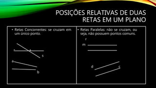 POSIÇÕES RELATIVAS DE DUAS
RETAS EM UM PLANO
• Retas Concorrentes: se cruzam em
um único ponto.
r •
s
a
b
• Retas Paralelas: não se cruzam, ou
seja, não possuem pontos comuns.
r
m
d c
 