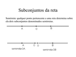 Subconjuntos da reta Semirreta: qualquer ponto pertencente a uma reta determina sobre ela dois subconjuntos denominados semirretas. 