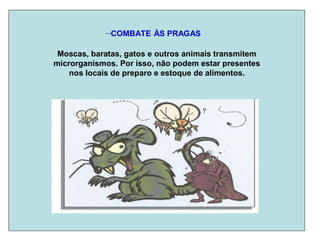 COMBATE ÀS PRAGAS
Moscas, baratas, gatos e outros animais transmitem
microrganismos. Por isso, não podem estar presentes
nos locais de preparo e estoque de alimentos.
 