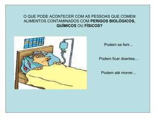 O QUE PODE ACONTECER COM AS PESSOAS QUE COMEM
ALIMENTOS CONTAMINADOS COM PERIGOS BIOLÓGICOS,
QUÍMICOS OU FÍSICOS?
Podem se ferir...
Podem ficar doentes...
Podem até morrer...
 