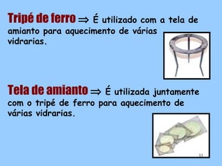 Tripé de ferro ⇒

É utilizado com a tela de
amianto para aquecimento de várias
vidrarias.

Tela de amianto ⇒

É utilizada juntamente
com o tripé de ferro para aquecimento de
várias vidrarias.

11

 