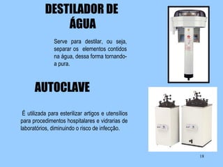 DESTILADOR DE
ÁGUA
Serve para destilar, ou seja,
separar os elementos contidos
na água, dessa forma tornandoa pura.

AUTOCLAVE
É utilizada para esterilizar artigos e utensílios
para procedimentos hospitalares e vidrarias de
laboratórios, diminuindo o risco de infecção.

18

 