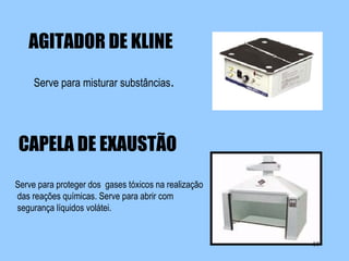 AGITADOR DE KLINE
Serve para misturar substâncias.

CAPELA DE EXAUSTÃO
Serve para proteger dos gases tóxicos na realização
das reações químicas. Serve para abrir com
segurança líquidos volátei.

19

 