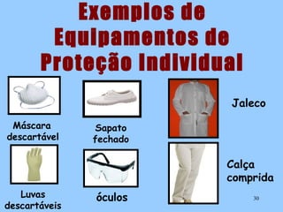 Exemplos de
Equipamentos de
Proteção Individual
Jaleco
Máscara
descartável

Sapato
fechado

Calça
comprida
Luvas
descartáveis

óculos

30

 