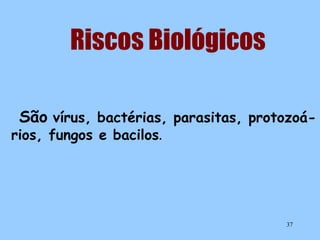 Riscos Biológicos
São vírus, bactérias, parasitas, protozoá-

rios, fungos e bacilos.

37

 