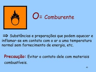 O= Comburente
⇒ Substâncias e preparações que podem aquecer e

inflamar-se em contato com o ar a uma temperatura
normal sem fornecimento de energia, etc.

Precaução: Evitar o contato dele com materiais
combustíveis.
40

 