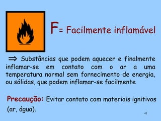 F= Facilmente inflamável
⇒

Substâncias que podem aquecer e finalmente
inflamar-se em contato com o ar a uma
temperatura normal sem fornecimento de energia,
ou sólidas, que podem inflamar-se facilmente

Precaução: Evitar contato com materiais ignitivos
(ar, água).

41

 