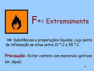 F+= Extremamente
⇒ Substâncias e preparações líquidas, cujo ponto

de inflamação se situa entre 21 º.C e 55 º.C.

Precaução: Evitar contato com materiais ignitivos
(ar, água).
42

 