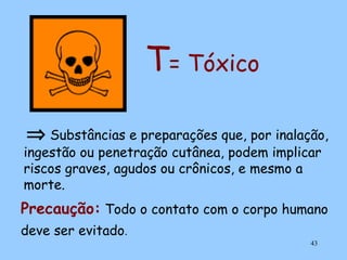 T= Tóxico
⇒ Substâncias e preparações que, por inalação,

ingestão ou penetração cutânea, podem implicar
riscos graves, agudos ou crônicos, e mesmo a
morte.

Precaução: Todo o contato com o corpo humano
deve ser evitado.
43

 