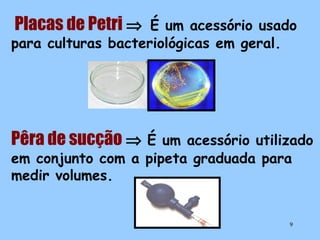 Placas de Petri ⇒

É um acessório usado
para culturas bacteriológicas em geral.

Pêra de sucção ⇒

É um acessório utilizado
em conjunto com a pipeta graduada para
medir volumes.

9

 