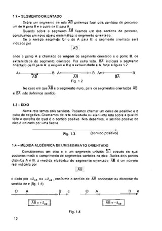 1-2 - SEGMENTO ORIENTADO
AB
A B A — B A»- B
BA
AB
1.3- EIXO
(sentido positivo)
Fig. 1.3
1.4 - MEDIDA ALGÉBRICA DE UM SEGMENTO ORIENTADO
AB
AB
o A O B
e
Fig. 1.4
12
B
i—
e
>
Consideremos um eixo e e um segmento unitário OU através do qual
podemos medir o comprimento de segmentos contidos no eixo, Dados dois pontos
distintos A e B, a medida algébrica do segmento orientado AB é um número
real indicado por
Numa rela temos dois sentidos. Podemos chamar um deles de positivo e o
outro de negativo. Chamamos de reta orientada ou eixo uma rela sobre a qual foi
feita a escolha de qual é o sentido positivo. Nos desenhos, o sentido positivo do
eixo ê indicado por uma flecha.
onde o ponto A ê chamado de origem do segmento orientado e o ponto B de
extremidade do segmenta orientado. Por oulro lado, BA indicará o segmento
orienlado de B para A: a origem é B e a extremidade é A Veja a figura 1.2:
AB
Fig. 1.2
No caso em que AB é o segmento nulo, para os segmentos orientados AB
e BA não definimos sentido
| ÃB^-SaB
Sobre um segmento de reta AB podemos fixar dois serrados de percurso
um de A para B e o outro de B para A
Quando sobre o segmento AR fixamos um dos senlidos de percurso,
construímos um novo objeto matemático: o segmento orientado
Se o sentido escolhido for o de A para B, o segmenlo orientado será
indicado por
e dado por +5flS ou -6AH, conforme o sentida de ÀB concordar Ou discordando
sentido de e (fig. 1.4),
AB = + SAB
 