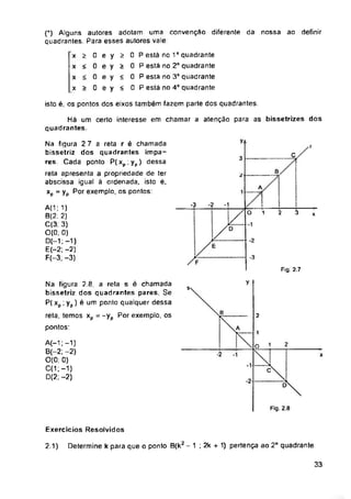 X
X
X
X
isto é, os pontos dos eixos também fazem parte dos quadrantes.
f
_______C
3 ------
B
z
A
-2
-3
2 3 x
Fig. 2.7
2
1
2
-2 x
-2-
Fig. 2.8
Exercícios Resolvidos
Determine k para que o ponto B(k2 - 1 ; 2k + 1) pertença ao 2o quadrante.
2.1)
33
Há um certo interesse em chamar a atenção para as bissetrizes dos
quadrantes.
Na figura 2.8, a reta s é chamada
bissetriz dos quadrantes pares. Se
P( xp; yp) é um ponto qualquer dessa
reta, temos xp = -yp Por exemplo, os
pontos-
0 e y
0 e y
0 e y
0 e y
0 P está no 10 quadrante
0 P está no 2o quadrante
0 P está no 3o quadrante
0 P está no 4o quadrante
A(-i; -1)
B(-2; -2)
0(0; 0)
C(1;-1)
0(2; -2)
2
<
>
&
>
£
<
A(1; 1)
B(2; 2)
C(3; 3)
0(0; 0)
D(-1; -1)
E(—2; -2)
F(-3, -3)
Na figura 2 7 a reta r é chamada
bissetriz dos quadrantes ímpa­
res Cada ponto P(xp;yp) dessa
reta apresenta a propriedade de ter
abscissa igual à ordenada, isto é,
xp = yp Por exemplo, os pontos:
(*) Alguns autores adotam uma
quadrantes. Para esses autores vale.
convenção diferente da nossa ao definir
o y
 