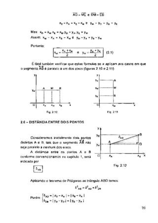 AO = ME e DM = EB
Portanto;
(2 1)
e y«
y
A
¥fl
.... M
¥m
A M
yM
Ve
o
o «A X «M x
Fig. 2.1Q Fig. 2.11
2.6 - DISTÂNCIA ENTRE DOIS PONTOS
*+
Ve 'Va
A
y*
o
Fig. 2,12
39
_ x* frxH
2
B
e
I
**.!
YaJJÍb
2
®AD
®nn
É fácil também verificar que estas fórmulas se a aplicam aos casos em que
o segmento A0 é paralelo a um dos eixos (figuras 2 10 e 2 11)
^B
--EÍ.D
1
*0
XD - XA - xe - X,
“ ^2AD
m e Vm " Yo — Yb “ Ye
^ab
Consideremos inícialmente dois pontos
distintos A e 0, tais que o segmento AB não
seja paralelo a nenhum dos eixos.
A distância entre os pontos A e B
conforme convencionamos no capitulo 1, será
indicada por
Mas Xfj - xu,xt - xB>yD - yA,yE - Ym
Assim: xM - xA = x0 - xM e y„ - yA = ys - yM
Aplicando o teorema de Pitãgoras ao triângulo A0D temos:
*fiZDB
®2ab
Porém J ~ J Xd “ x* I = I xe “ xa I
I,^ob = (Ye _ Yd I ~ I Yb _ y* I
 