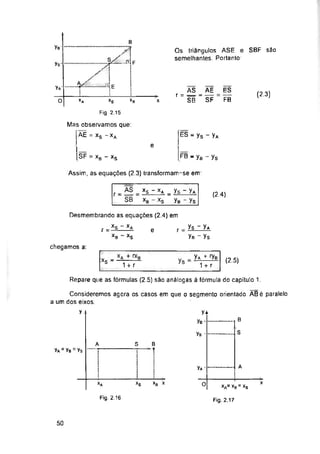 B
yB- SBF são
...r-F
ys-
yA-
(2.3)
o XB X
Fig 2.15
ES - ys - Ya
e
SF = EB - ya - ys
XB xs
Assim, as equações (2.3) transformam-se em1
(24)
e
chegamos a:
(2.5)
xs Ys
Repare que as fórmulas (2.5) são análogas á fórmula do capítulo 1.
y
B
S
ys -
A s B
yA = yB = ys
A
yA-
X
Xg X
XA *S O *A= *B = *S
Fig. 2.16 Fig. 2.17
50
ES
FB
Consideremos agora os casos em que o segmento orientado ÃBé paralelo
a um dos eixos.
Mas observamos que:
AÉ = xs - XA
x XA +
1 + r
y-
y8--
yA + ryB
1 + r
A/
XA
±*s
Os triângulos ASE e
semelhantes. Portanto:
Desmembrando as equações (2.4) em
f=Xs~XA
XB “ XS
r _ ys - yA
yB - ys
r = AS = xs - xA = ys - yA
SB xB - xs yB - ys
AS AE
r = ——- — —
SB SF
 