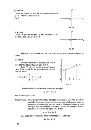 o
Fifl 3.8
y
o x
Fig 3.9
y
B r
2
1
= 0
C 1 ? 3
Fig. 3.10
que é a equaçao da reta r
68
x
1
4
1
1
1
e) eixo Ox
Todos os pontos do eixo Ox apresentam ordenada
V = 0 . Assim sua equação ê:
y = 0
y
2
3
2
4
P é r c?
Observação: Quando determinamos a equação de uma rela, essa não é a única
equação dessa reta, pois sabemos que, se multiplicarmos todos os
lermos de uma equação por um número diferente de zero, a nova
equação será equivalente ã primeira. Assim, no exemplo anlenor
obtivemos a seguinte equação para a reta:
-x + 3y-5 = 0
Mas poderiamos multiplicar todos os termos por -1 obtendo
x-3y + 5 = 0
Vejamos agora um exemplo em que a reta ocupa uma posição qualquer no
plano.
D =
f) eixo Oy
Todos os pontos do eixo Oy têm abscissa x = 0
Portanto sua equação é: x = 0,
Desenvolvendo o determinante obtemos a equação
-x + 3y - 5 -
Exemplo
Vamos determinar a equação da rela r
que passa pelos pontos A(1; 2) e B(4; 3).
Seja P(x; y] um ponio qualquer dessa
reta, Pela canriição de alinhamento de três
pontos temos:
 