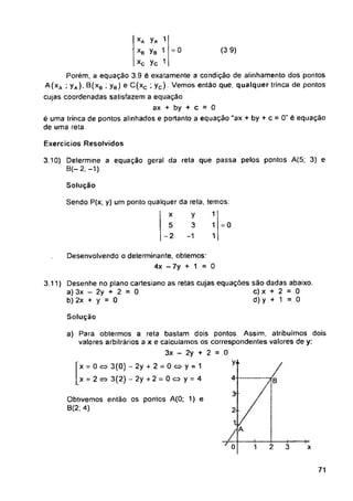 = 0 (3 9)
Exercícios Resolvidos
Solução
= 0
Solução
y-
4- B
3-
A
70 3
2
1 x
71
y
3
Obtivemos então os pontos A(0; 1) e
B(2; 4)
3.10) Determine a equação geral da reta que passa pelos pontos A(5; 3) e
B(-2;-1)
Desenvolvendo o determinante, obtemos:
4x -7y + 1 = 0
a) Para obtermos a reta bastam dois pontos. Assim, atribuímos dois
valores arbitrários a x e calculamos os correspondentes valores de y:
3x - 2y + 2 = 0
x = 0 <=> 3(0) -2y + 2 = 0«-y = 1
x = 2 « 3(2) - 2y + 2 = 0 o y = 4
xa Ya 1
xb 7b
xc yc 1
Porém, a equação 3.9 é exatamente a condição de alinhamento dos pontos
A(xa i 7a)' b(xb 7b) e C(xc • 7c)- Vemos então que, qualquer trinca de pontos
cujas coordenadas satisfazem a equação
ax + by + c = 0
é uma trinca de pontos alinhados e portanto a equação "ax + by + c = 0" é equação
de uma reta
3.11) Desenhe no plano cartesiano as retas cujas equações são dadas abaixo.
a) 3x - 2y + 2 = 0 c) x + 2 = 0
b) 2x + y = 0 d) y + 1 = 0
Sendo P(x, y) um ponto qualquer da reta, temos:
xy1
5 3 1
-2 -1 1
 
