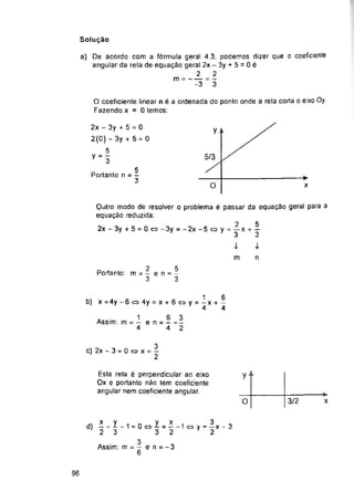 Solução
5/3
O
a
m n
b) x=4y-6co4y = x + 6coy = —x + —
c) 2x - 3 = 0 co x
y ‘
3/2
O x
d) - 1 = 0 co
Assim: m = - e n = - 3
96
y
■>
x
Esta reta é perpendicular ao eixo
Ox e portanto não tem coeficiente
angular nem coeficiente angular.
3
2
* - 1
2 3
2
Portanto: m = —
3
2x - 3y + 5 = 0
2(0) - 3y + 5 = 0
5
y - -
7 3
O coeficiente linear n é a ordenada do ponto onde a reta corta o eixo Oy.
Fazendo x = 0 temos:
5
e n = -
3
a) De acordo com a fórmula geral 4 3, podemos dizer que o coeficiente
angular da reta de equação geral 2x - 3y + 5 = 0 é
2 2
m =------= -
-3 3
-----1 co y - -x - 3
5
Portanto n = -
3
y =x
3 2
Outro modo de resolver o problema é passar da equação geral para
equação reduzida:
2 5
2x-3y + 5 = 0co-3y = ~2x-5coy = — x + —
a • 1 6 3
Assim: m = — e n = — = —
4 4 2
3
6
1
4
3
2
6
4
5
3
2
3
 
