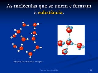 As moléculas que se unem e formam
a substância.
Modelo da substância → água
Ciências Naturais - ICRM 22
 