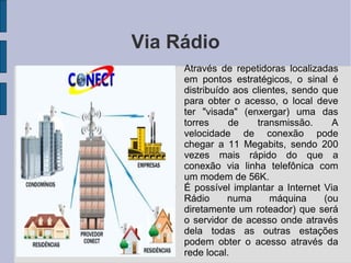 Via Rádio
    
        Através de repetidoras localizadas
        em pontos estratégicos, o sinal é
        distribuído aos clientes, sendo que
        para obter o acesso, o local deve
        ter "visada" (enxergar) uma das
        torres     de    transmissão.     A
        velocidade de conexão pode
        chegar a 11 Megabits, sendo 200
        vezes mais rápido do que a
        conexão via linha telefônica com
        um modem de 56K.
    
        É possível implantar a Internet Via
        Rádio      numa     máquina     (ou
        diretamente um roteador) que será
        o servidor de acesso onde através
        dela todas as outras estações
        podem obter o acesso através da
        rede local.
 