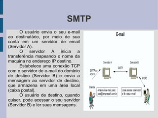 SMTP
      O usuário envia o seu e-mail
ao destinatário, por meio de sua
conta em um servidor de email
(Servidor A).
      O servidor A inicia a
transferência mapeando o nome da
maquina no endereço IP destino.
      Estabelece uma conexão TCP
com o servidor de e-mail do domínio
de destino (Servidor B) e envia a
mensagem ao servidor de destino,
que armazena em uma área local
(caixa postal).
      O usuário de destino, quando
quiser, pode acessar o seu servidor
(Servidor B) e ler suas mensagens.
 