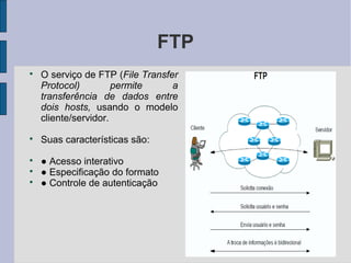 FTP

    O serviço de FTP (File Transfer
    Protocol)         permite     a
    transferência de dados entre
    dois hosts, usando o modelo
    cliente/servidor.

    Suas características são:

    ● Acesso interativo

    ● Especificação do formato

    ● Controle de autenticação
 