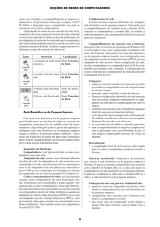 NOÇÕES DE REDES DE COMPUTADORES

como, por exemplo, o compartilhamento de arquivos e
impressoras. Os protocolos como, por exemplo, o TCP/
IP, deﬁne a linguagem que o computador usa para se
comunicar com outros computadores.
Dependendo do status de sua conexão de rede local,
a aparência do ícone na pasta Conexões de rede é alterada
ou um ícone separado é exibido na área de notiﬁcação. Se
um adaptador de rede não for detectado pelo computador,
não será exibido nenhum ícone de conexão de rede local
na pasta Conexões de Rede. A tabela a seguir descreve os
diferentes ícones de conexão de rede local.
Ícone

Descrição

Localização

A conexão de rede local Pasta Conexões
está ativa
de Rede

A mídia está desconec- Pasta Conexões
tada
de Rede

A mídia está desconec- Área de notifitada
cação
O driver está desativado Pasta Conexões
de Rede

Rede Doméstica ou de Pequena Empresa
Crie uma rede doméstica ou de pequena empresa
para beneﬁciar-se ao máximo de todos os recursos do
computador, tanto para ﬁns de trabalho como de entretenimento. Siga instruções passo a passo para planejar e
conﬁgurar uma rede doméstica ou de pequena empresa
segura e conﬁável. Economize tempo e dinheiro – leia a
seção em Requisitos de hardware para redes domésticas
para veriﬁcar cuidadosamente sua lista de compras antes
de ir a uma loja de informática local.
Requisitos de Hardware
Computadores: você precisa de dois ou mais computadores para uma rede.
Adaptador de rede: muitas vezes chamados placa de
interface de rede. Os adaptadores de rede conectam seus
computadores à rede e permitem que eles se comuniquem
entre si. Os adaptadores de rede podem ser conectados à
porta USB no seu computador ou instalados no interior
do computador em um slot de expansão PCI disponível.
Cabos e concentradores de rede: um concentrador
conecta vários computadores em uma localização central. Geralmente, um concentrador é usado quando você
conecta dois ou mais computadores a uma rede Ethernet.
Não será necessário um concentrador se você for conectar
os computadores através de linhas telefônicas usando um
adaptador de rede de linha doméstica (HPNA) ou se usar
um adaptador sem ﬁo. Usando Ethernet ou HPNA, você
precisará de cabos para conectar um concentrador ou as
linhas telefônicas. Você também pode usar adaptadores
de rede IEEE 1394.

6

Conﬁgurações de rede
Existem diversas maneiras diferentes de conﬁgurar
rede doméstica ou de pequena empresa. Você pode usar
o compartilhamento de conexão com a Internet (ICS),
conectar os computadores e modem DSL ou modem a
cabo diretamente a um concentrador Ethernet ou usar um
gateway residencial.
Compartilhamento de conexão com a Internet:
para aproveitar os recursos de segurança do Windows XP,
é recomendável usar uma conﬁguração semelhante a de
uma rede Ethernet. Você pode criar uma rede doméstica
ou de pequena empresa usando essa conﬁguração com
um adaptador de rede de linha doméstica (HPNA) ou um
adaptador de rede sem ﬁo. Nessa conﬁguração de rede,
um dos computadores é o computador host do ICS e compartilha sua conexão com a Internet. A comunicação de
e para a Internet dos computadores na rede passam pelo
computador host do ICS.
Vantagens:
• reduzir o custo de conexão com a Internet e permitir
que todos os computadores na rede estejam online
ao mesmo tempo;
• proteção contra violações vindas da Internet;
• fornecer conﬁguração automática da rede sem que
seja necessário conﬁgurar manualmente os adaptadores de rede para se comunicarem uns com os
outros;
• controlar sua conexão com a Internet de qualquer
local em sua casa ou pequena empresa;
• criar uma rede segura usando uma combinação de
ﬁrewall de conexão com a Internet com compartilhamento de conexão com a Internet;
• ter conexões de rede pública e privada separadas;
• usar o compartilhamento de arquivos e impressoras
sem se preocupar com a possibilidade de que os
seus arquivos particulares possam ser vistos na
Internet.
Desvantagem:
• o computador host do ICS precisa estar ligado
para os outros computadores poderem acessar a
Internet.
Gateway residencial: dispositivo de hardware
que conecta a rede doméstica ou de pequena empresa à
Internet. O gateway permite compartilhar uma conexão
com a Internet de modem DSL ou a cabo com todos os
computadores na rede doméstica ou de pequena empresa.
O gateway residencial se situa entre o modem DSL ou a
cabo e a rede doméstica ou de pequena empresa.
Vantagens de usar um gateway residencial são:
• aparecer como um computador na Internet, ocultando os computadores em sua rede doméstica ou
de pequena empresa;
• compartilhar uma conexão com a Internet com
todos os computadores na rede;
• não exigir que um computador esteja ligado o
tempo todo para fornecer conectividade com a
Internet.

 