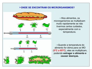 ONDE SE ENCONTRAM OS MICRORGANISMOS?
→Nos alimentos, os
microrganismos se multiplicam
muito rapidamente se não
tivermos certos cuidados,
especialmente com a
temperatura.
→Quando a temperatura do
alimento for ótima para os MO
(5°C a 65°C), eles se multiplicam,
podendo estragar o alimento e
causar doenças.
 