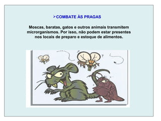 COMBATE ÀS PRAGAS
Moscas, baratas, gatos e outros animais transmitem
microrganismos. Por isso, não podem estar presentes
nos locais de preparo e estoque de alimentos.
 