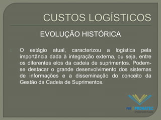 EVOLUÇÃO HISTÓRICA 
O estágio atual, caracterizou a logística pela 
importância dada à integração externa, ou seja, entre 
os diferentes elos da cadeia de suprimentos. Podem-se 
destacar o grande desenvolvimento dos sistemas 
de informações e a disseminação do conceito da 
Gestão da Cadeia de Suprimentos. 
 