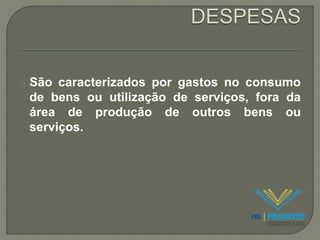 São caracterizados por gastos no consumo 
de bens ou utilização de serviços, fora da 
área de produção de outros bens ou 
serviços. 
 