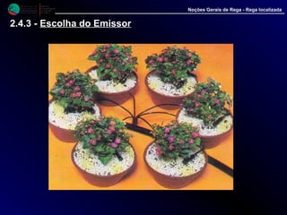 M i n i s t é r i o d a
A g r i c u l t u r a ,
do Desenvolvimento
Rural e das Pescas
DRAALG
Direcção Regional
de Agricultura
do Algarve
Noções Gerais de Rega - Rega localizada
2.4.3 - Escolha do Emissor
 