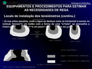M i n i s t é r i o d a
A g r i c u l t u r a ,
do Desenvolvimento
Rural e das Pescas
DRAALG
Direcção Regional
de Agricultura
do Algarve
Fertirrega em Horticultura
EQUIPAMENTOS E PROCEDIMENTOS PARA ESTIMAR AS
NECESSIDADES DE REGA
Locais de instalação dos tensiómetros (continu.)
• Já nos solos pesados, onde a água se desloca mais na horizontal e menos
na vertical, formando um bolbo com a forma de uma "cebola", se aconselha a
instalação dos tensiómetros um pouco mais afastados do gotejador.
• Deste modo, tomando como referência os valores anteriormente indicados,
quer em relação ao afastamento lateral quer em relação à profundidade, para
instalação dos tensiómetros, aconselhamos que se escolham os valores mais
baixos para solos arenosos e os mais altos para os solos pesados, tipo
argiloso.
• Caso tenhamos disponibilidade, o ideal será para cada tipo de solo ou
situação, efectuar um pequeno ensaio de campo com vista a determinar a
localização mais correcta para instalação dos tensiómetros .
 