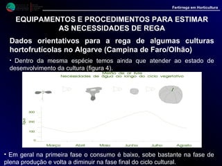 M i n i s t é r i o d a
A g r i c u l t u r a ,
do Desenvolvimento
Rural e das Pescas
DRAALG
Direcção Regional
de Agricultura
do Algarve
Fertirrega em Horticultura
EQUIPAMENTOS E PROCEDIMENTOS PARA ESTIMAR
AS NECESSIDADES DE REGA
Dados orientativos para a rega de algumas culturas
hortofrutícolas no Algarve (Campina de Faro/Olhão)
• A época do ano é outro factor de grande influência sobre os consumos de água
pela planta. Para uma mesma espécie temos consumos baixos nos meses frios, em
que a evaporação é fraca, e consumos elevados nos meses quentes, quando a
evaporação é alta (figura 5).
0
2
4
6
8
10
J F M A M J J A S O N D
mês
Fig. 5 - Evaporação ao Ar Livre registada, ao longo do ano, no CEHFP
 