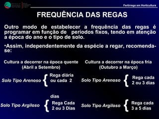 M i n i s t é r i o d a
A g r i c u l t u r a ,
do Desenvolvimento
Rural e das Pescas
DRAALG
Direcção Regional
de Agricultura
do Algarve
Fertirrega em Horticultura
M i n i s t é r i o d a
A g r i c u l t u r a ,
do Desenvolvimento
Rural e das Pescas
DRAALG
Direcção Regional
de Agricultura
do Algarve
Fertirrega em Horticultura
REGA DA CULTURAREGA DA CULTURA-- EXEMPLO PRÁTICOEXEMPLO PRÁTICO
Na sequência do que acabamos de expor
apresenta-se um exemplo prático tomando como
referência uma cultura de tomate em estufa.
II -- DADOSDADOS -
•Área a regar 5.000 m25.000 m2
•Tipo de solo ArgilosoArgiloso
•Época do ano Mês de SetembroMês de Setembro
•Fase de desenv. da cultura Floração do 2º cachoFloração do 2º cacho
 