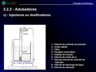 M i n i s t é r i o d a
A g r i c u l t u r a ,
do Desenvolvimento
Rural e das Pescas
DRAALG
Direcção Regional
de Agricultura
do Algarve
Fertirrega em Horticultura
M i n i s t é r i o d a
A g r i c u l t u r a ,
do Desenvolvimento
Rural e das Pescas
DRAALG
Direcção Regional
de Agricultura
do Algarve
Fertirrega em Horticultura
M i n i s t é r i o d a
A g r i c u l t u r a ,
do Desenvolvimento
Rural e das Pescas
DRAALG
Direcção Regional
de Agricultura
do Algarve
Fertirrega em Horticultura
M i n i s t é r i o d a
A g r i c u l t u r a ,
do Desenvolvimento
Rural e das Pescas
DRAALG
Direcção Regional
de Agricultura
do Algarve
Fertirrega em Horticultura
1 - Válvula de controle da pressão
2 - União rápida
3 - Filtro
4 - Paragem automática
5 - Cabeça de sucção
6 - Válvula de saída de ar
7 - Válvula manual de controle da
injecção
8 - Válvula de descarga da água
9 - Válvula de retenção
Fig. 7 - Injector de Fertilizantes
2.2.2 - Adubadores
c) - Injectores ou dosificadores
 